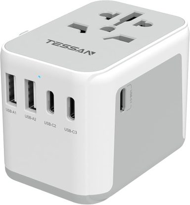 TESSAN Universal Travel Adapter, International Power Adapter 5.6A 28W 3 USB C 2 USB A Ports, 