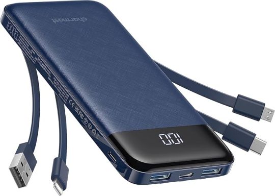 charmast Portable Charger with Built in Cables, Power Bank with Cords Wires, Slim 10000mAh Travel Battery Pack 6 Outputs 3 Inputs 3A Fast