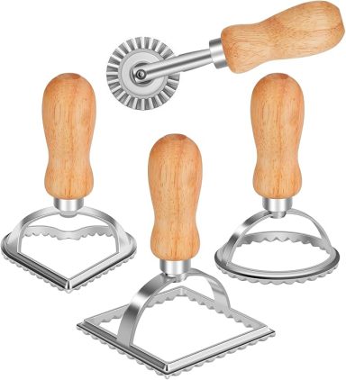 TACGEA Ravioli Stamp Maker Cutter with Roller Wheel (Set of 4), Wooden Handle and Fluted Edge, for Ravioli, Pasta, Dumplings Lasagna, Pierog